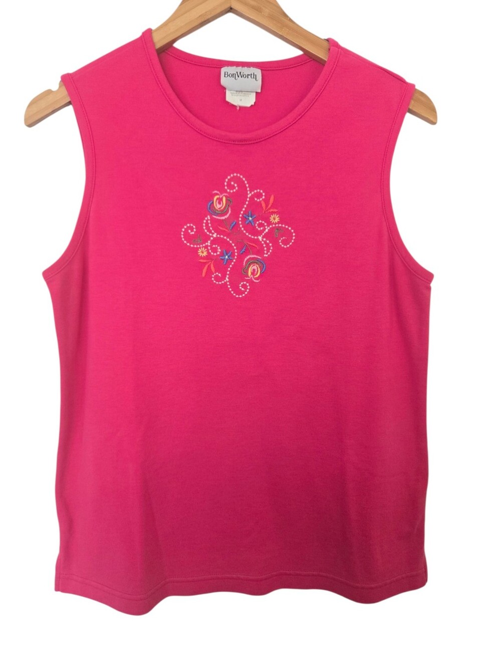 BonWorth Women’s Medium Hot Pink Embroidered Floral Sleeveless Tank Top